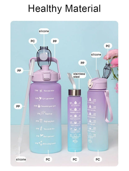 Motivational Water Bottle with Time Marker Sipper Straw and Stickers, with 3 in 1 bottle 2000ml 900ml 300ml Leakproof Measuring Set for Office Gym Travel Sports School