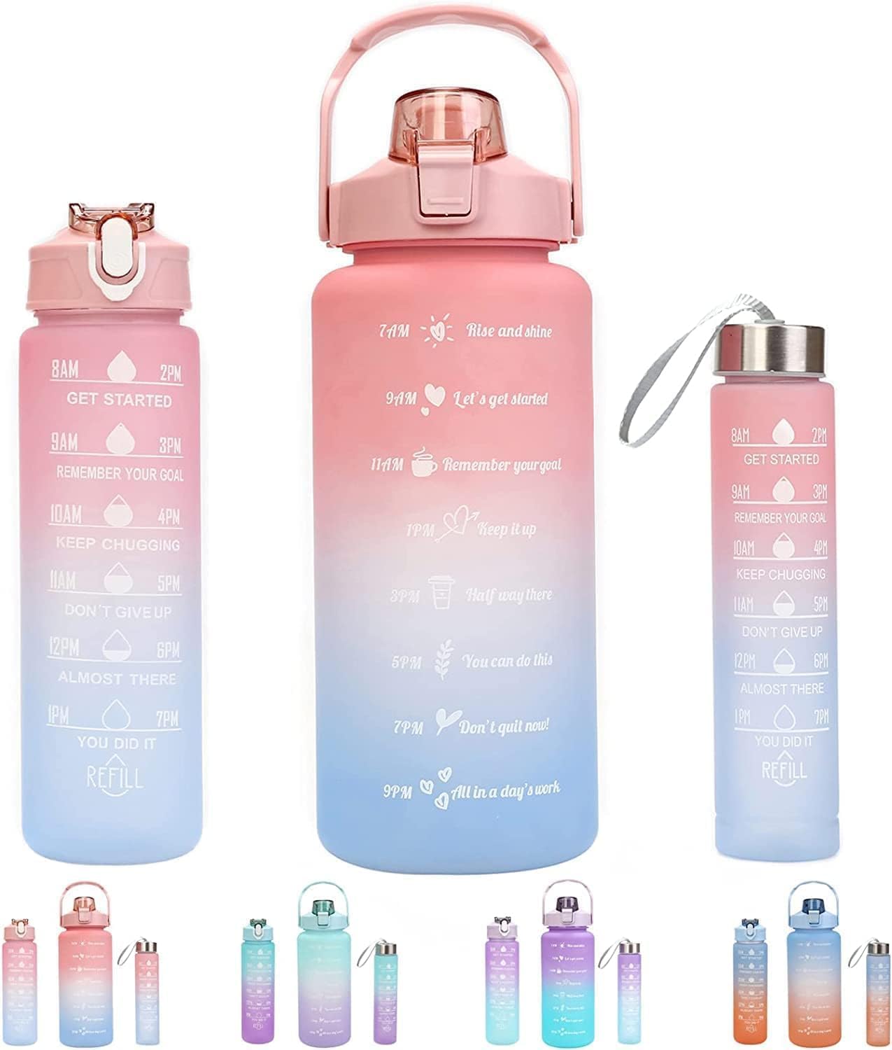 Motivational Water Bottle with Time Marker Sipper Straw and Stickers, with 3 in 1 bottle 2000ml 900ml 300ml Leakproof Measuring Set for Office Gym Travel Sports School