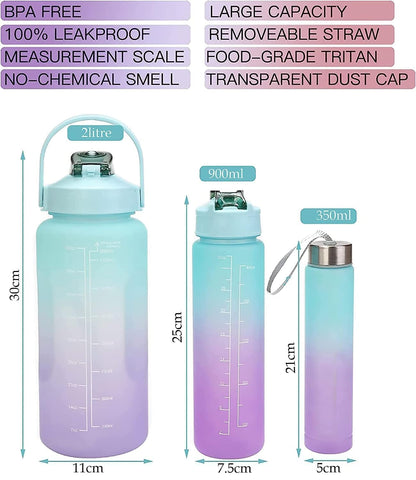 Motivational Water Bottle with Time Marker Sipper Straw and Stickers, with 3 in 1 bottle 2000ml 900ml 300ml Leakproof Measuring Set for Office Gym Travel Sports School