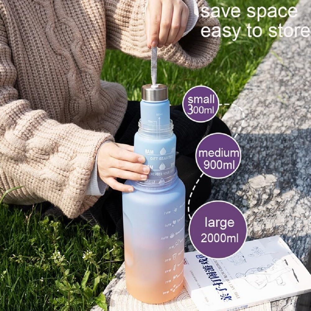 Motivational Water Bottle with Time Marker Sipper Straw and Stickers, with 3 in 1 bottle 2000ml 900ml 300ml Leakproof Measuring Set for Office Gym Travel Sports School