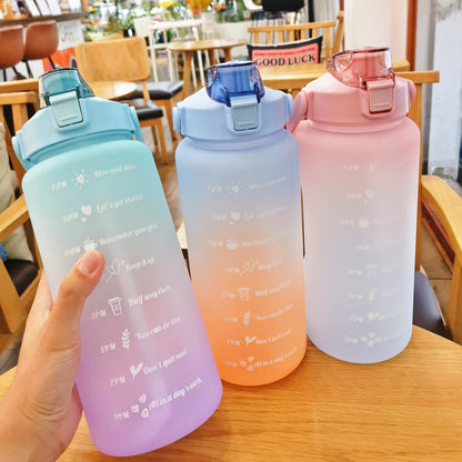 Motivational Water Bottle with Time Marker Sipper Straw and Stickers, with 3 in 1 bottle 2000ml 900ml 300ml Leakproof Measuring Set for Office Gym Travel Sports School