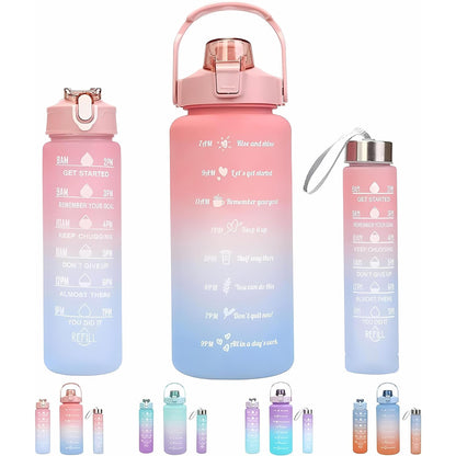 Motivational Water Bottle with Time Marker Sipper Straw and Stickers, with 3 in 1 bottle 2000ml 900ml 300ml Leakproof Measuring Set for Office Gym Travel Sports School