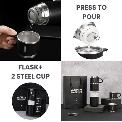 Steel Vacuum Flask Set with 3 Steel Cups Combo - 500ml