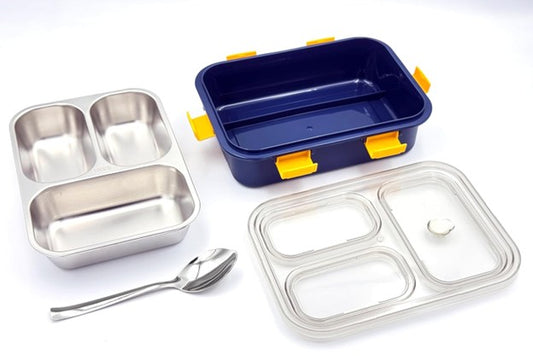 3 Compartment Stainless Steel Lunch Box, Leakage Proof Lunch Box For School Kids And Adults Pack Of 1 Blue,750ML